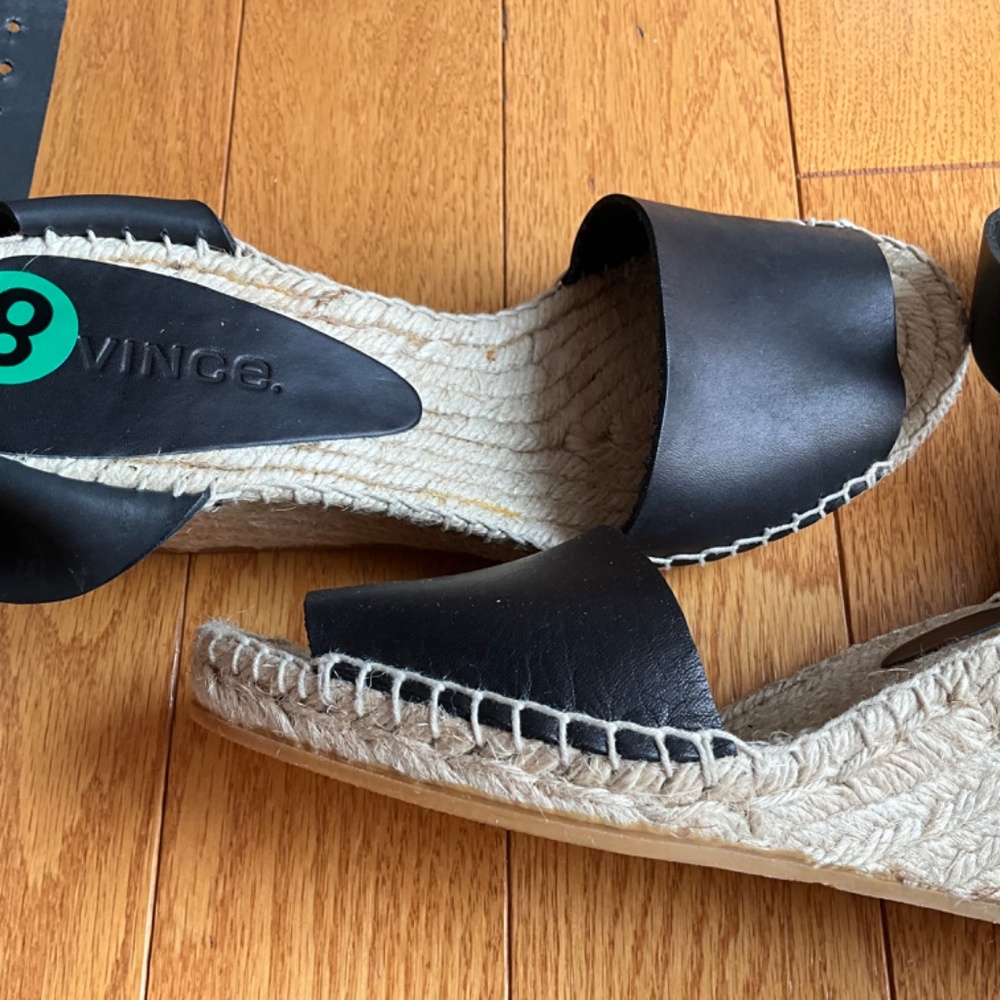 NWOT VINCE Black Leather Wedge Espadrilles Size 8 - Picture 6 of 8